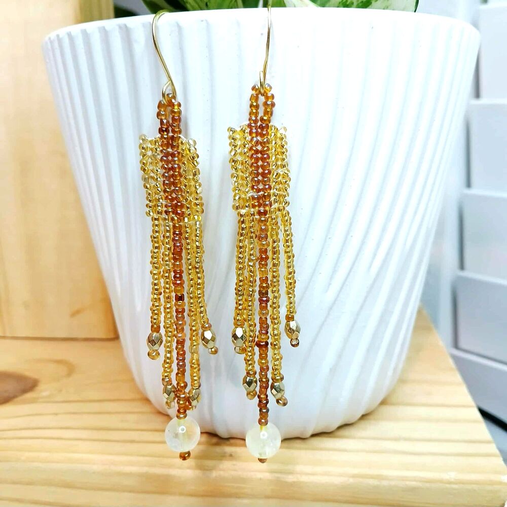 BOGO EARRINGS Gold Rush Citrine Beaded Fringe Dangle Earrings, Gemstone